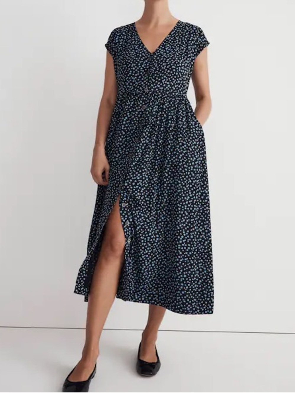 Madewell Button Front Midi Dress in Campden Daisies Blue Black Large L